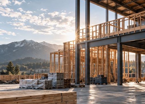 Wood-framed building under construction, with stacked lumber and mountains beyond